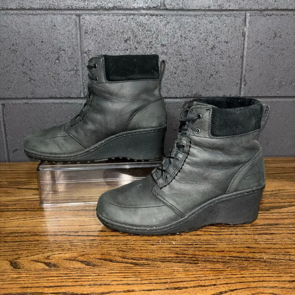 KEEN Women’s 9.5 Black Leather Wedge Ankle Boots Lace Up Outdoor Comfort